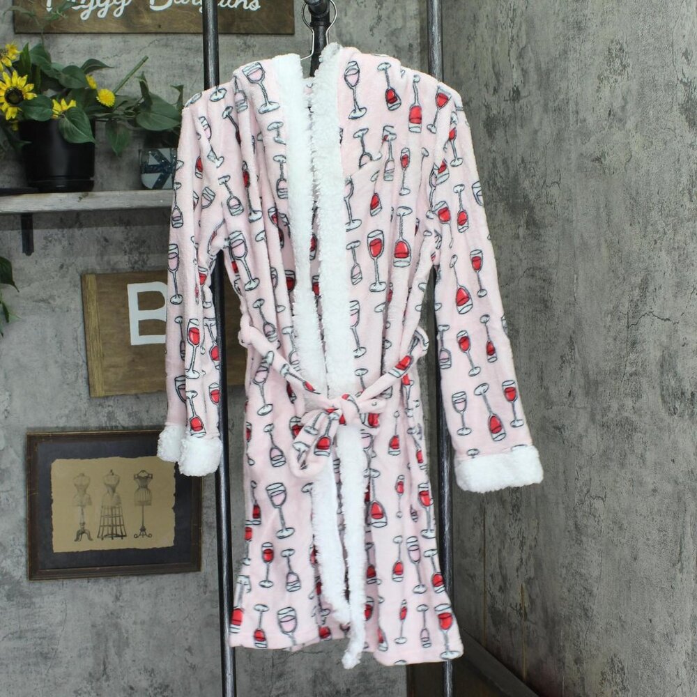 Em & alfie Womens Sherpa Belted Lounge Wine Robe Pink Multi One Size